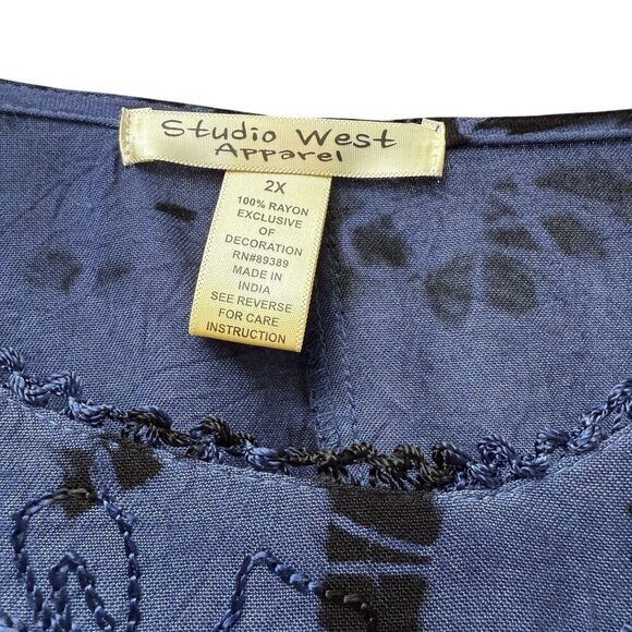 Studio West Boho Poncho Plus Size 2X Blue Tie Dye Fringe Cape Top - Picture 5 of 8